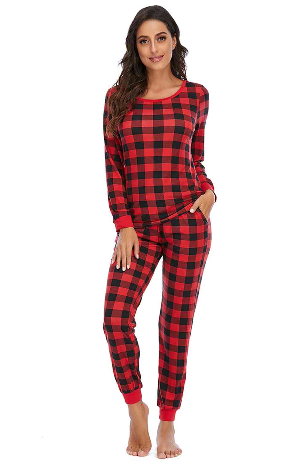 Plaid Round Neck Top and Pants Set