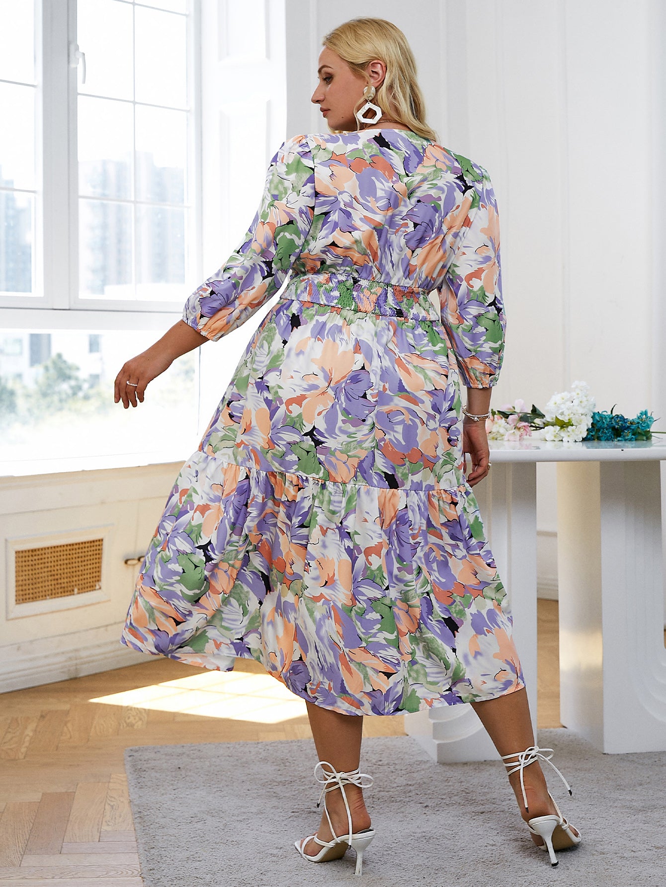 Let's Go Plus Size Floral Three-Quarter Sleeve Tiered Dress
