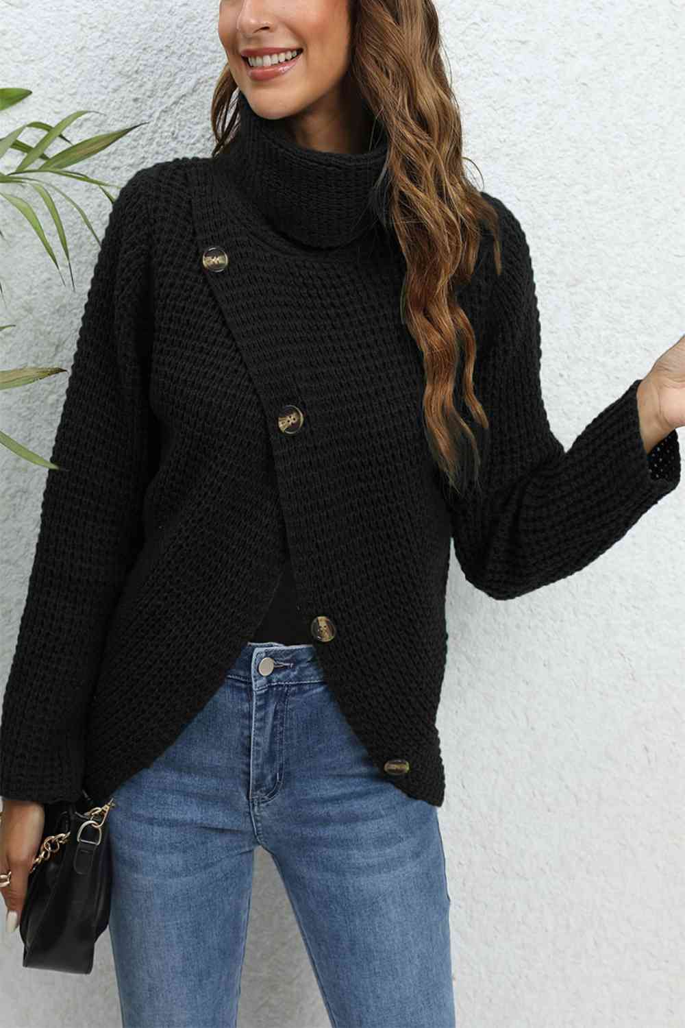 Buttoned Turtleneck Long Sleeve Sweater