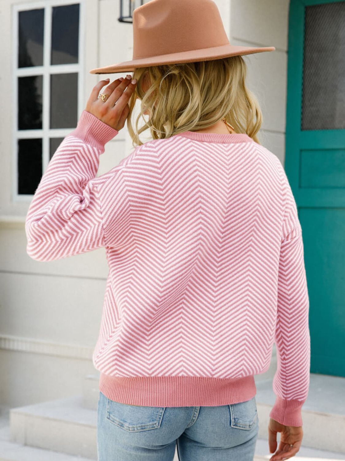 Chevron Ribbed Trim Dropped Shoulder Knit Pullover