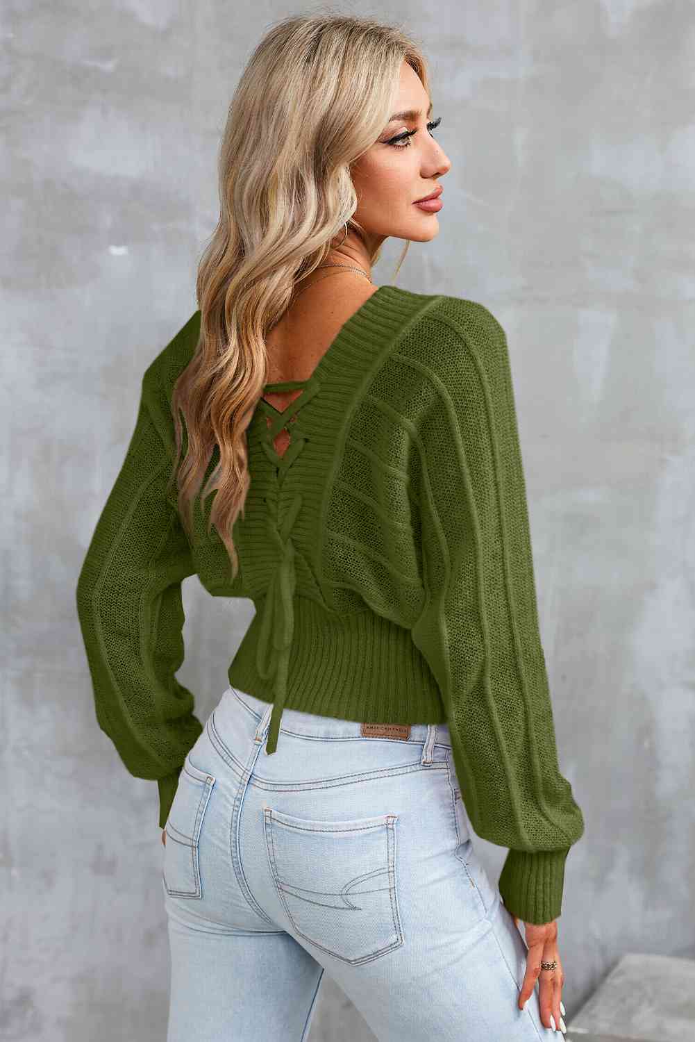 Surplice Neck Lace-Up Sweater