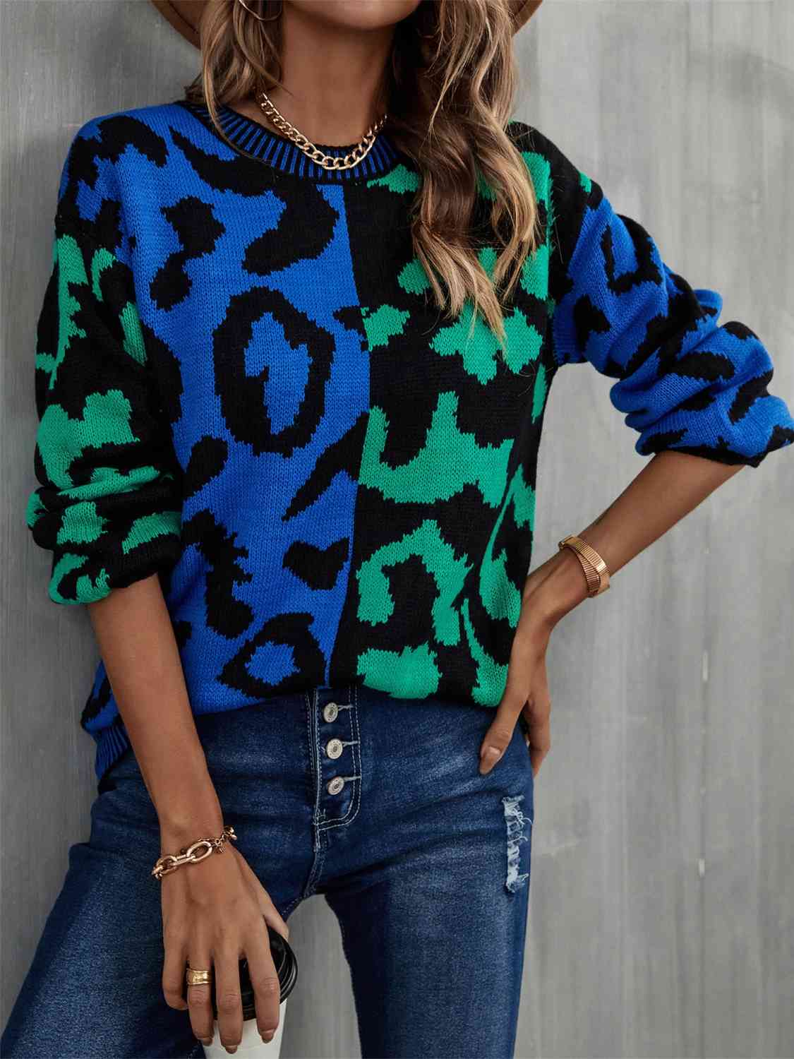 Leopard Round Neck Long Sleeve Sweater