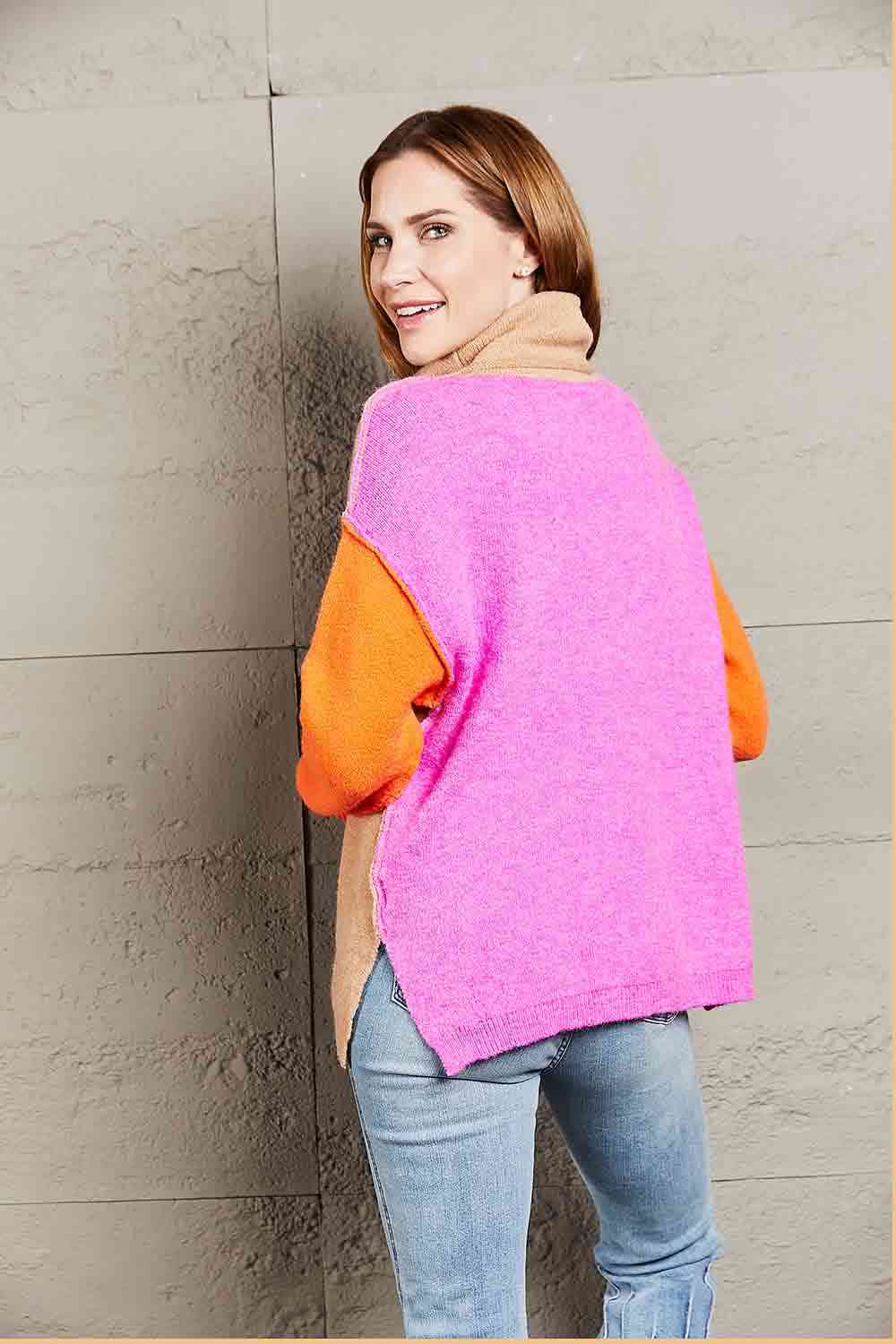 Double Take Color Block Turtleneck Slit Sweater