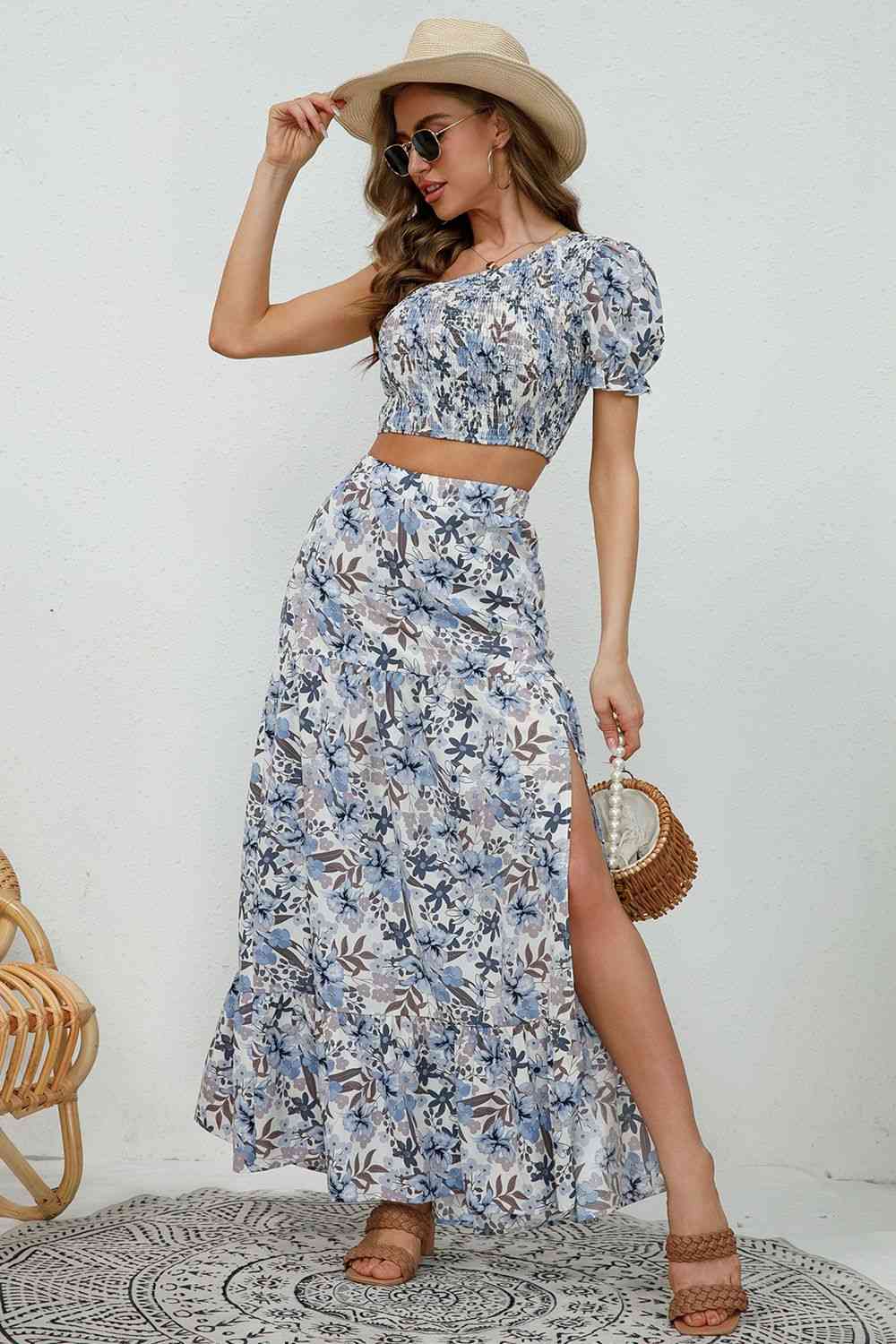 Printed Asymmetrical Cropped Top and Split Skirt Set