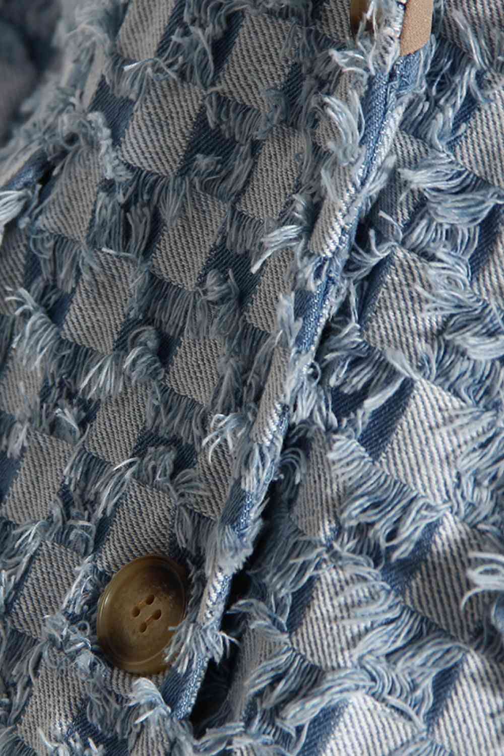 Double Take Lapel Collar Fringe Detail Long Sleeve Denim Jacket