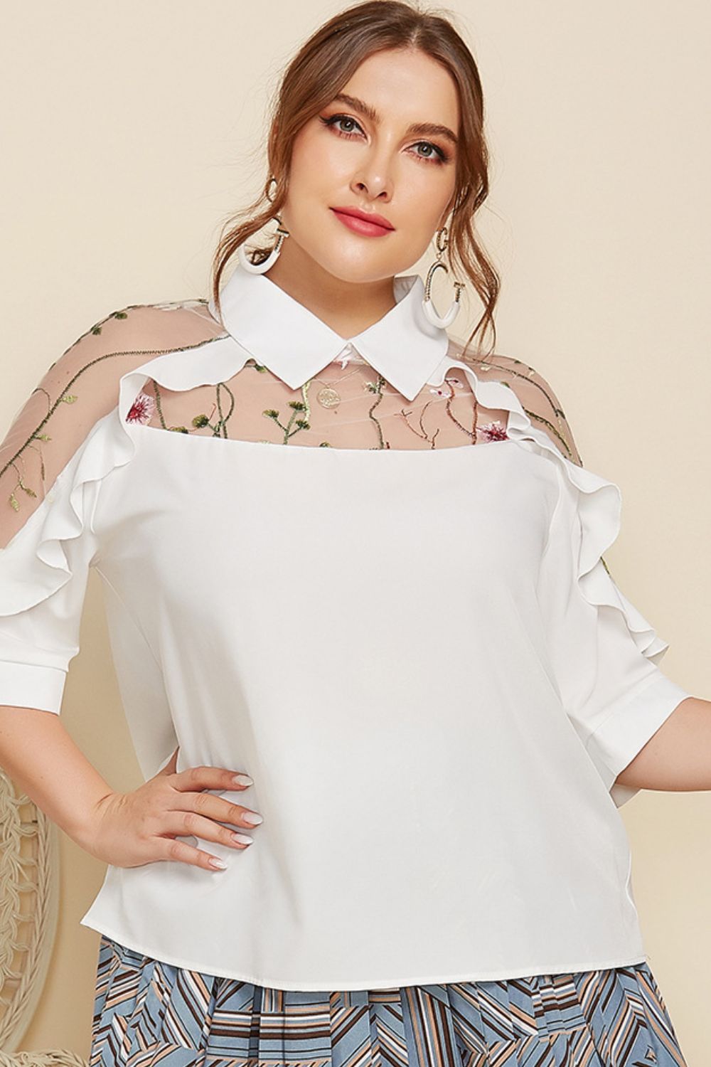 Embroidered Ruffle Trim Collared Half Sleeve Blouse