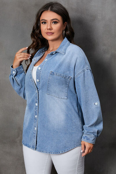 Plus Size Button Up Pocketed Denim Top